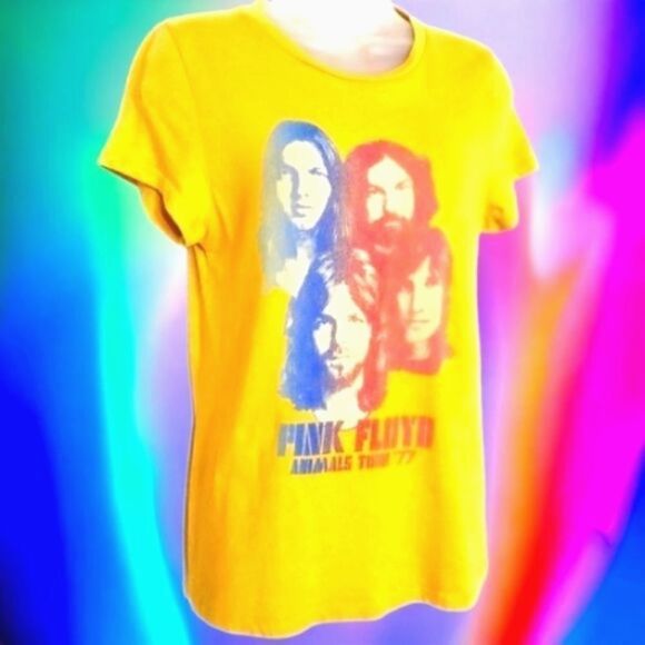 PINK FLOYD Womens JUNK FOOD ANIMALS Tour graphic T shirt Gold SIZE MEDIUM Cotton - Picture 6 of 13